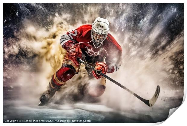 Mesmerizing ice hockey player in a cloud of exploding ice create Print by Michael Piepgras