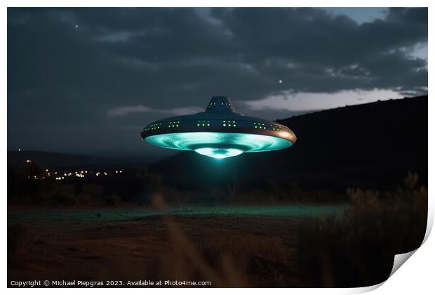 A close up view of a UFO with a spotlight pointed at the bottom  Print by Michael Piepgras