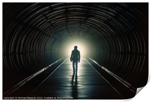 Back view of a lonely person in a tunnel  created with generativ Print by Michael Piepgras