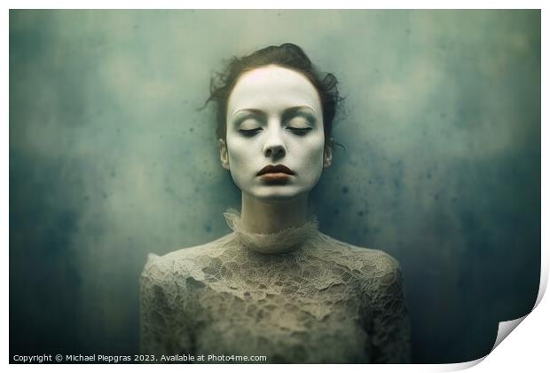 Deeply unsettling surrealist horror portrait created with genera Print by Michael Piepgras