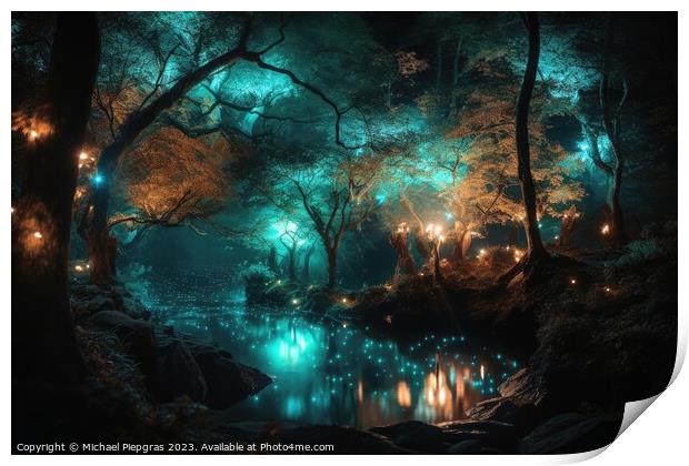 A fantasy forest with glowing lights and sparkling trees created Print by Michael Piepgras