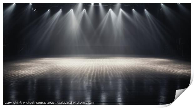 A stage with spotlight created with generative AI technology. Print by Michael Piepgras