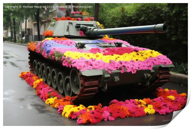 A tank on which many colourful flowers grow created with generat Print by Michael Piepgras