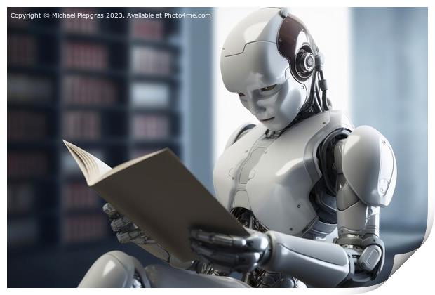 An AI Robot reading a book created with generative AI technology Print by Michael Piepgras