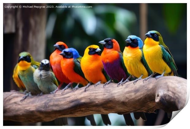 Many colourful different tropical birds sitting together on a br Print by Michael Piepgras