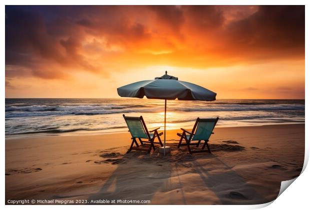 Two beach chairs and a little table with a colorful parasol dire Print by Michael Piepgras