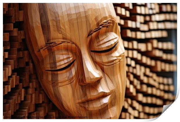 Wooden womans face sculpture created with generative AI technolo Print by Michael Piepgras