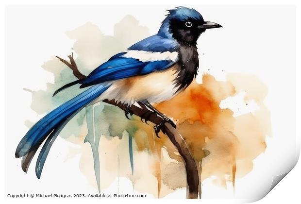 Watercolor painted magpie on a white background. Print by Michael Piepgras