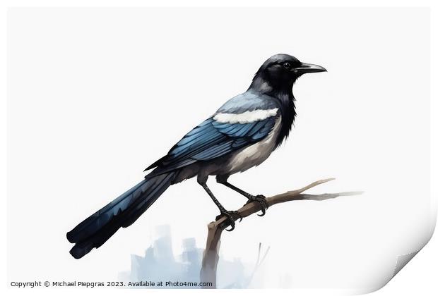 Watercolor painted magpie on a white background. Print by Michael Piepgras