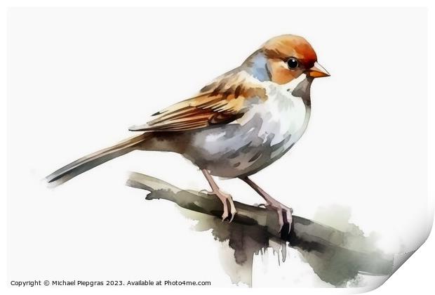 Watercolor painted field sparrow on a white background. Print by Michael Piepgras