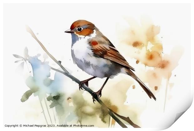 Watercolor painted field sparrow on a white background. Print by Michael Piepgras