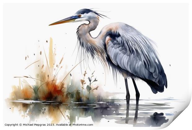 Watercolor painted grey heron on a white background. Print by Michael Piepgras