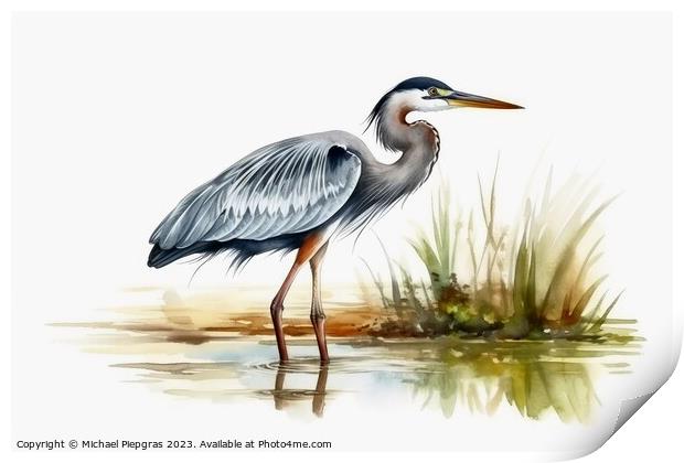 Watercolor painted grey heron on a white background. Print by Michael Piepgras