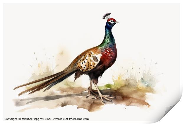 Watercolor painted hunting pheasant on a white background. Print by Michael Piepgras