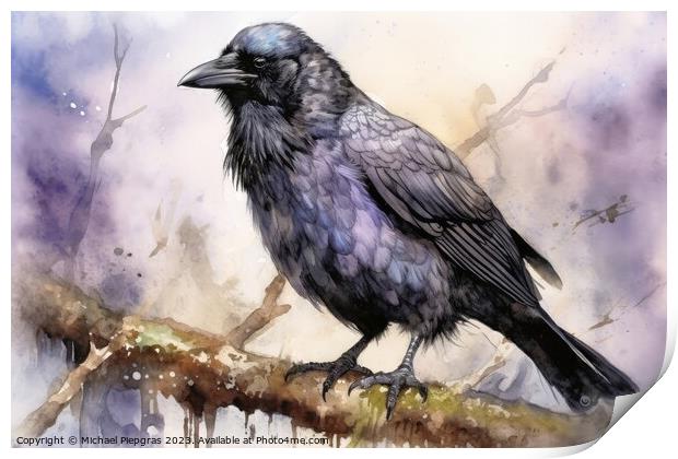 Watercolor painted raven crow on a white background. Print by Michael Piepgras