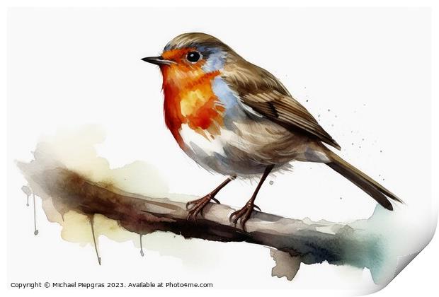 Watercolor painted robin bird on a white background. Print by Michael Piepgras