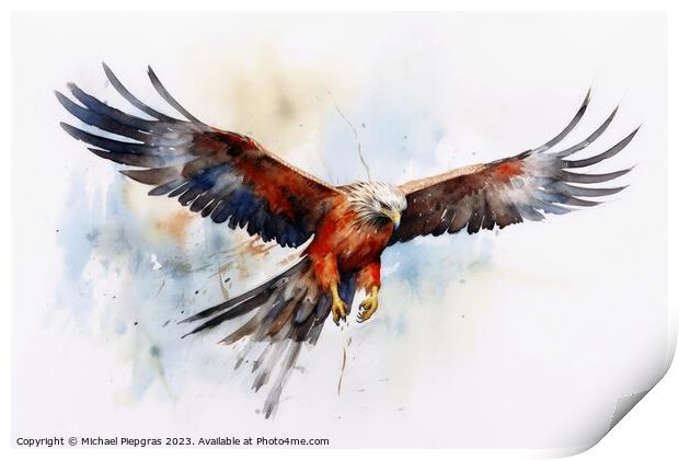 Watercolor painted red kite bird on a white background. Print by Michael Piepgras