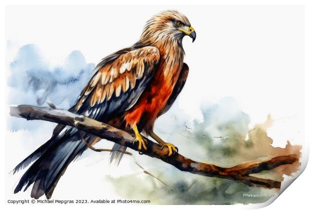 Watercolor painted red kite bird on a white background. Print by Michael Piepgras