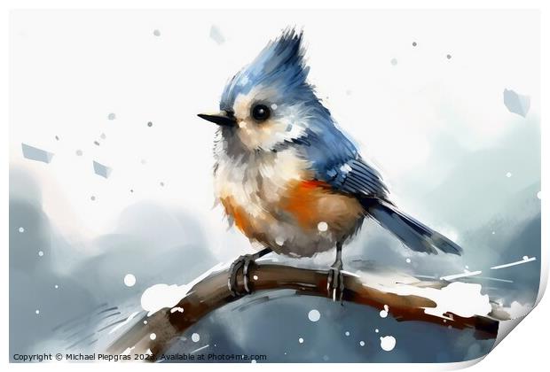 Watercolor painted titmouse bird on a white background. Print by Michael Piepgras