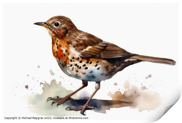 Watercolor painted song thrush bird on a white background. Print by Michael Piepgras