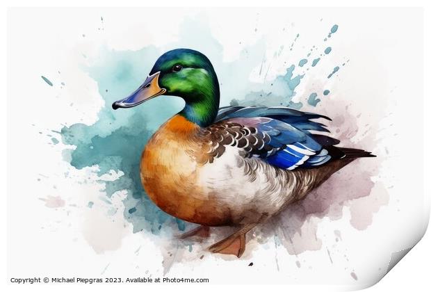 Watercolor painted mallard duck on a white background. Print by Michael Piepgras