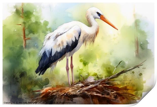 Watercolor painted white stork on a white background. Print by Michael Piepgras