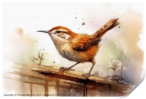 Watercolor painted wren bird on a white background. Print by Michael Piepgras