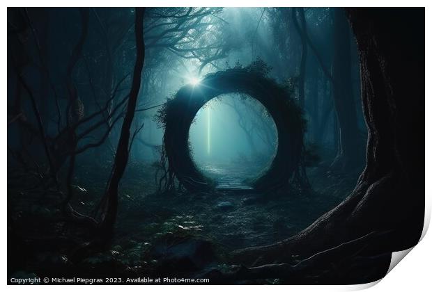 A mysterious portal into a fantasy world in a glowing forest at  Print by Michael Piepgras