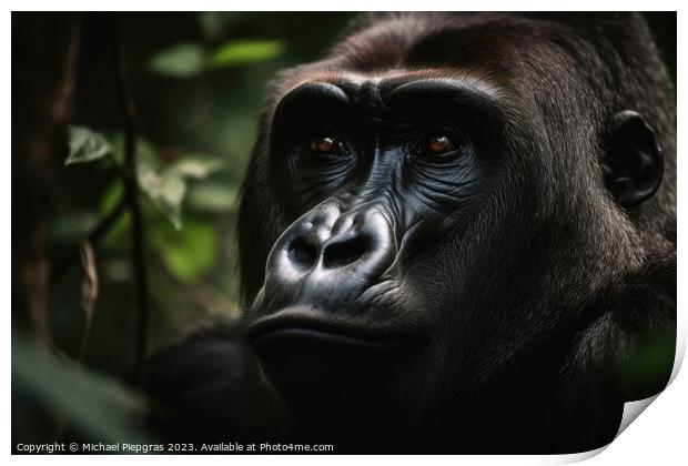 A portrait of a big male gorilla in the jungle created with gene Print by Michael Piepgras