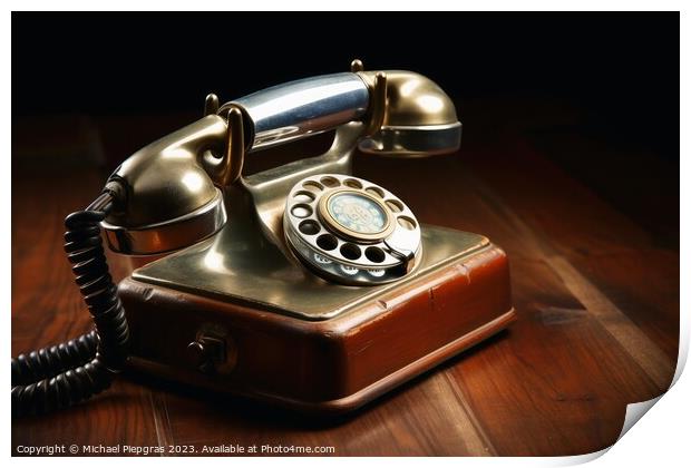 A vintage telephone on a wooden table created with generative AI Print by Michael Piepgras