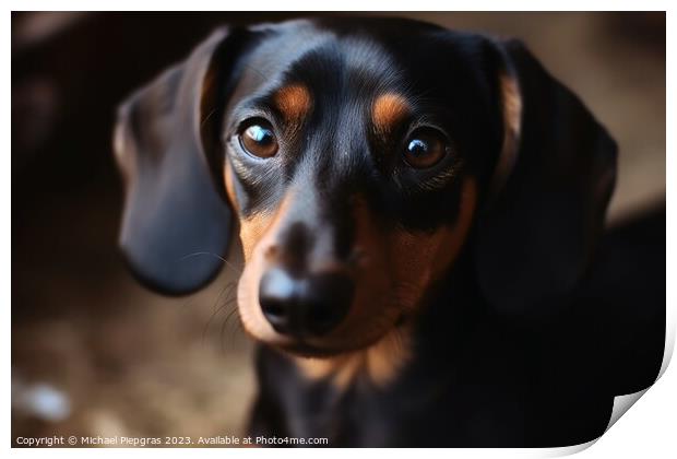 Portrait of a cute sausage dog with brown eyes created with gene Print by Michael Piepgras