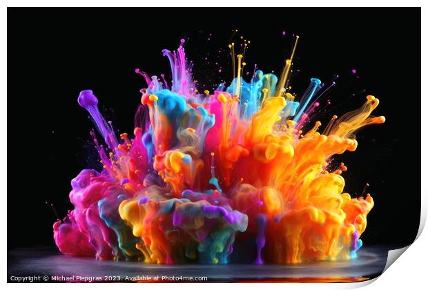 Raindow colored liquid explosion created with generative AI tech Print by Michael Piepgras