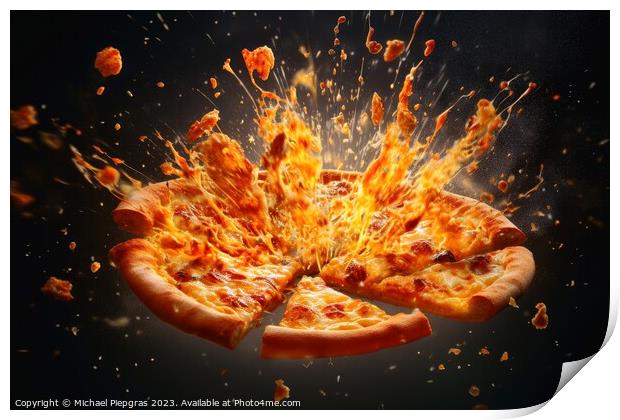 Exploding pizza on a dark background created with generative AI  Print by Michael Piepgras