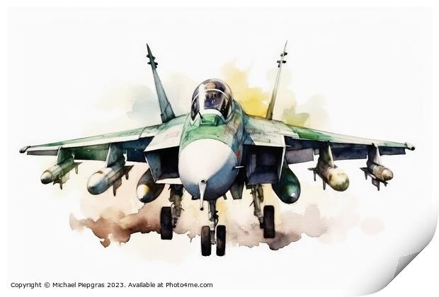 Watercolor military jet on white background created with generat Print by Michael Piepgras