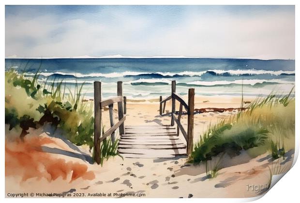 Watercolor of a beautiful beach created with generative AI techn Print by Michael Piepgras
