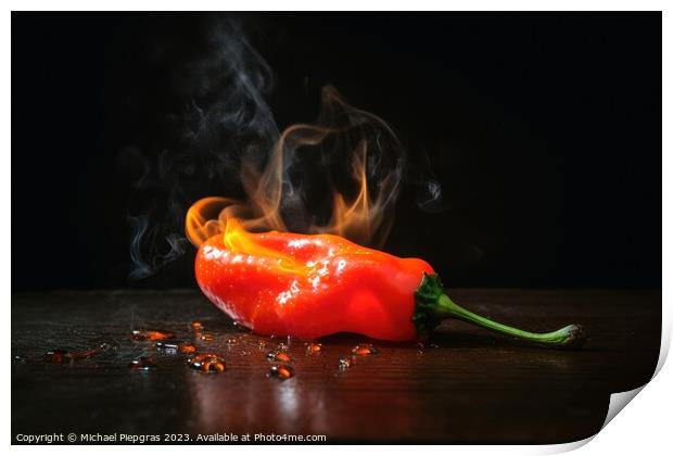 A burning hot peperoni on a dark background created with generat Print by Michael Piepgras