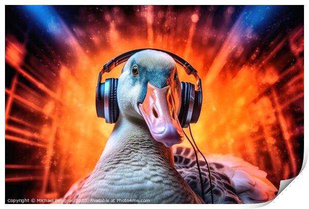 A goose as a Discjockey created with generative AI technology. Print by Michael Piepgras