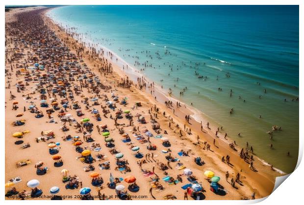 Aerial view of a sunny beach crowded with people created with ge Print by Michael Piepgras