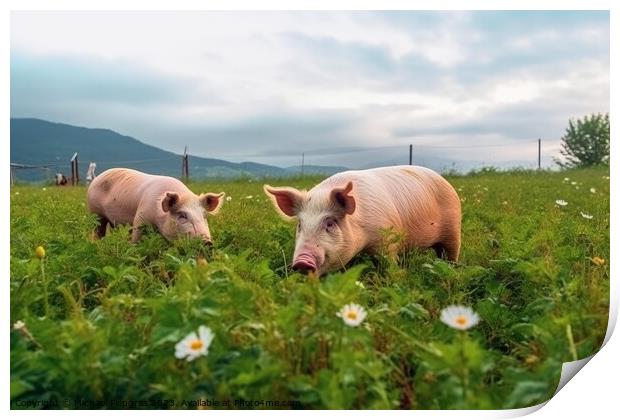 Pigs on a green meadow on a farm created with generative AI tech Print by Michael Piepgras