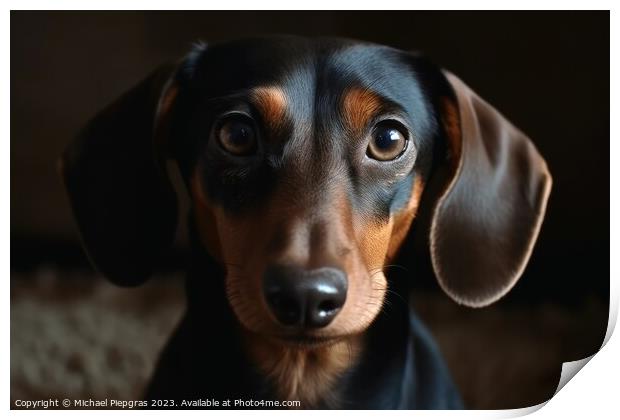 Portrait of a cute sausage dog with brown eyes created with gene Print by Michael Piepgras