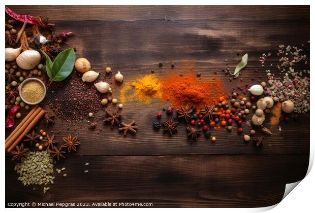 Top view of a lot of spices on a wooden table with copy space cr Print by Michael Piepgras
