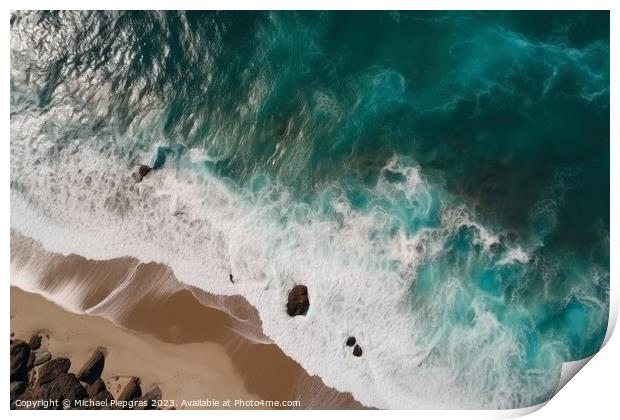 Water waves at a tropical beach aerial top view created with gen Print by Michael Piepgras