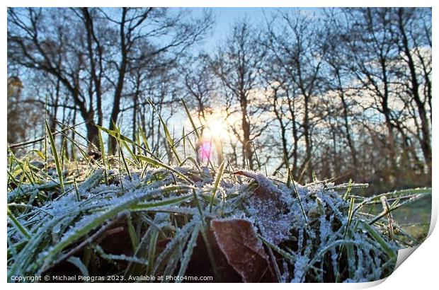 Beautiful winter shot at a lake and forest with snow and ice. Print by Michael Piepgras