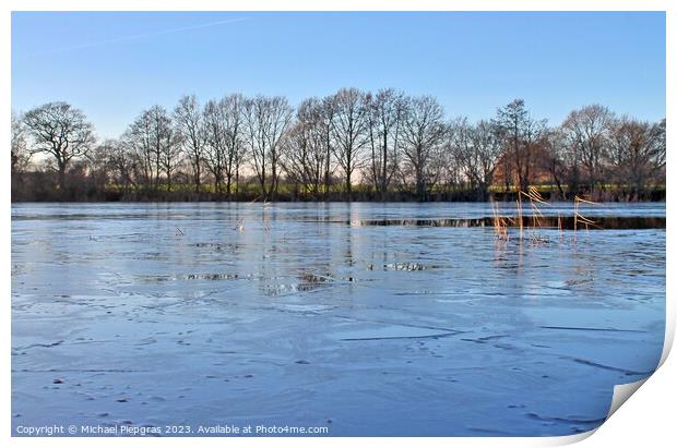 Beautiful winter shot at a lake and forest with snow and ice. Print by Michael Piepgras