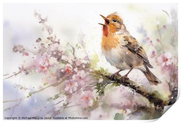 Beautiful watercolor singing bird in a garden on a white backgro Print by Michael Piepgras