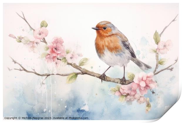 Beautiful watercolor singing bird in a garden on a white backgro Print by Michael Piepgras