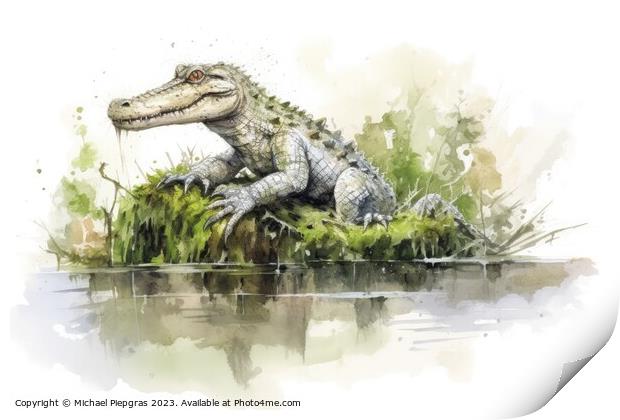 Watercolor painting of a cute crocodile on a white background. Print by Michael Piepgras