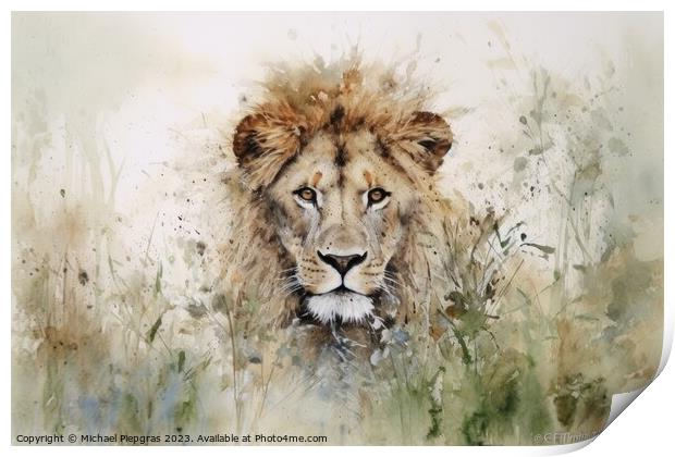Watercolor painting of a lion on a white background. Print by Michael Piepgras