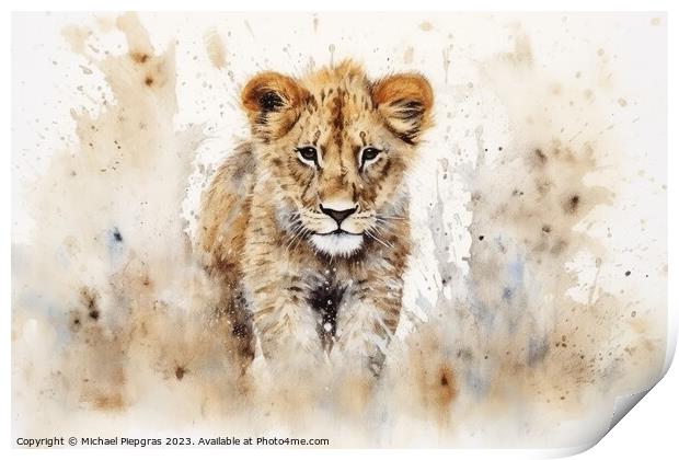 Watercolor painting of a lion on a white background. Print by Michael Piepgras