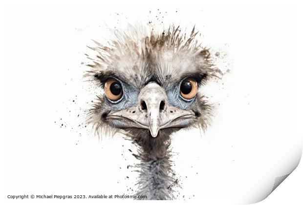 Watercolor painting of an ostrich on a white background. Print by Michael Piepgras